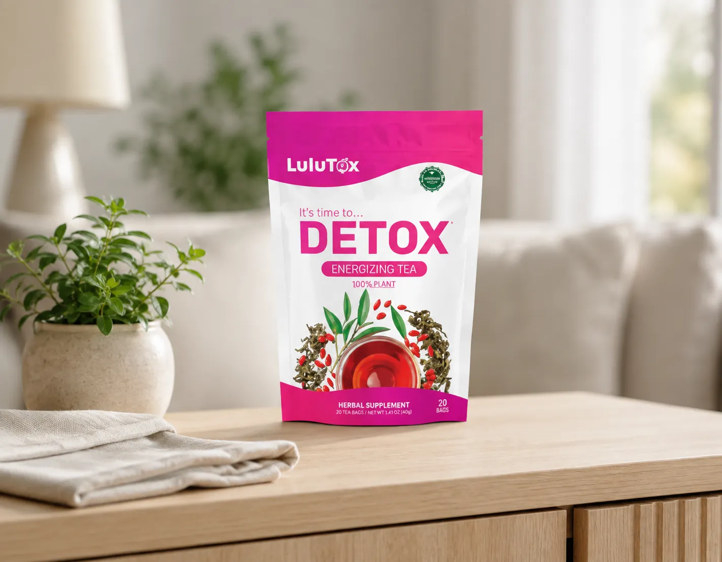 Lulutox Detox Tea — Verpackung im Alltag