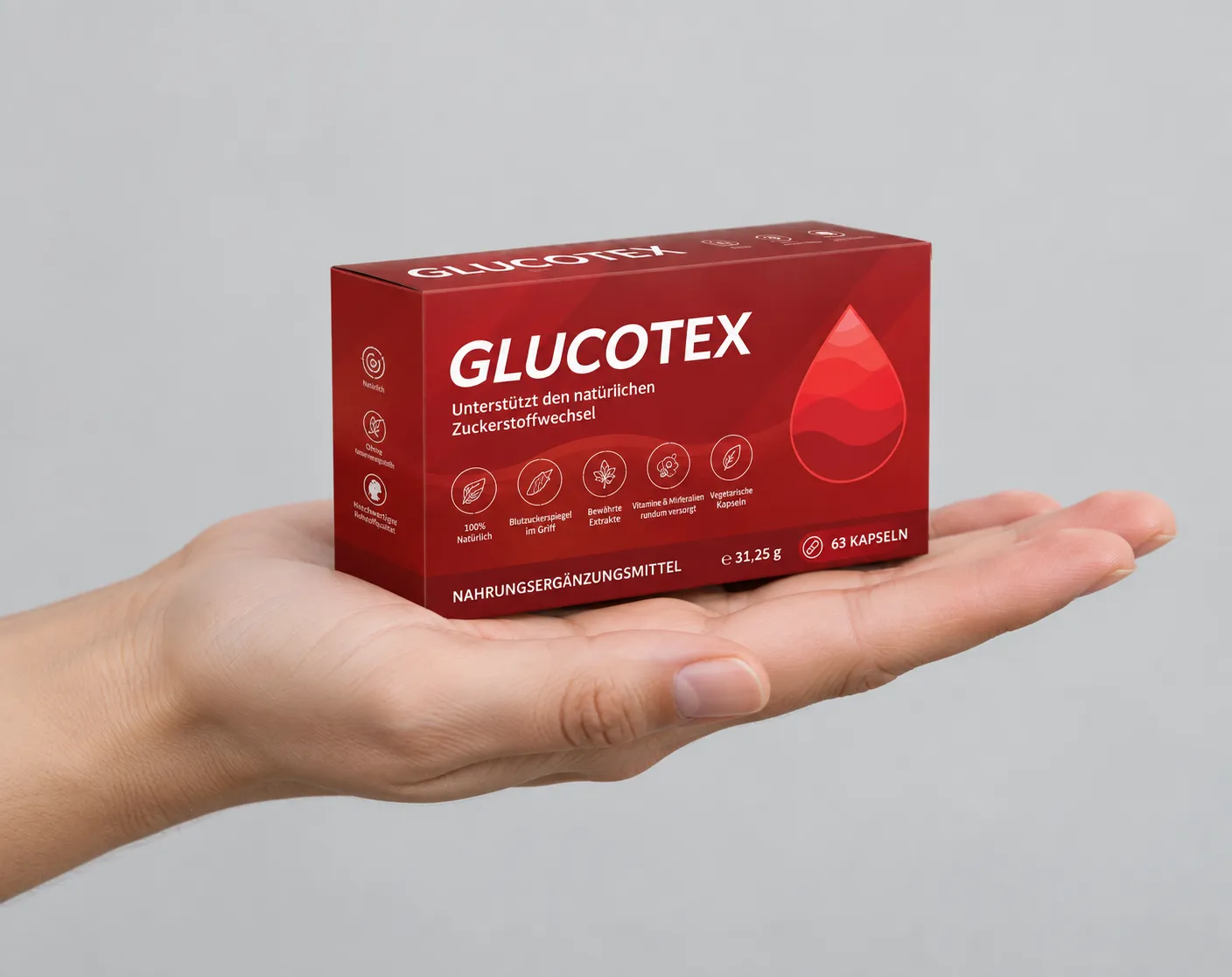 GLUCOTEX — Verpackung in der Hand