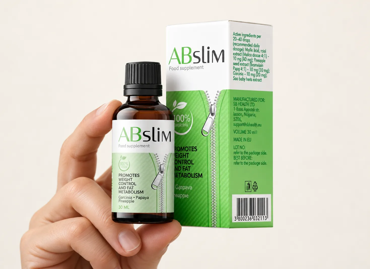ABSlim — Verpackung in der Hand